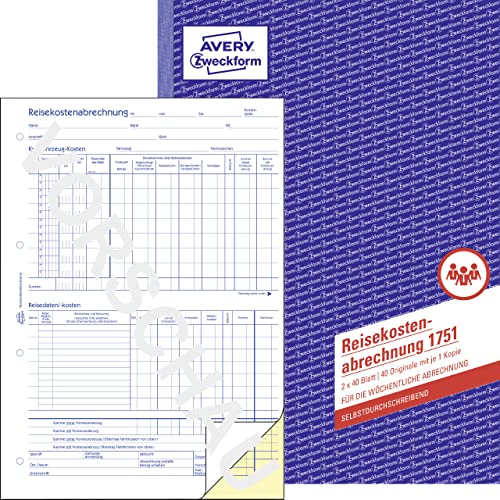 AVERY Zweckform Facturación de gastos de viaje 1751 (A4, 2 x 40 hojas, autocopiativa, verificada por expertos legales para Alemania/Austria a la semana)