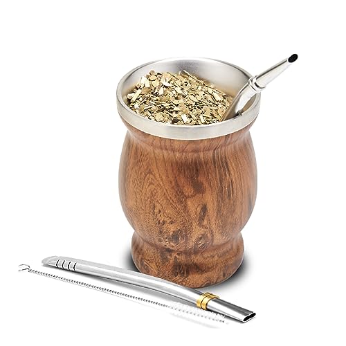 BALIBETOV Mate Argentino - Kit Mate con un Vaso para Mate de Doble Pared de Acero Inoxidable y Dos Bombilla para Mate y cepillos para Limpiar la Bombilla Mate, resistente y elegante (Madera)