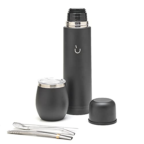 BALIBETOV Set Yerba Mate Completo - Calabaza Mate Moderna, Termo, Bombilla y Cepillo de Limpieza Incluido - Todo Acero inoxidable 304 18/8 (Negro Solido)