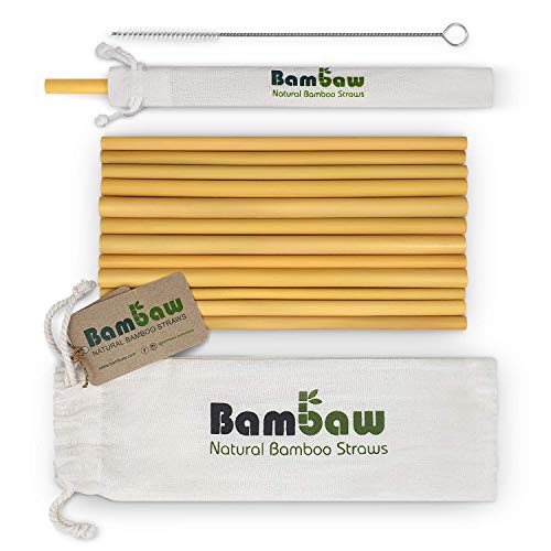 Bambaw - 12 pajitas de bambú ecológicas, biodegradables y reutilizables, fabricadas a mano en Bali, incluye un cepillo de limpieza y una bolsa de almacenaje, 22 cm