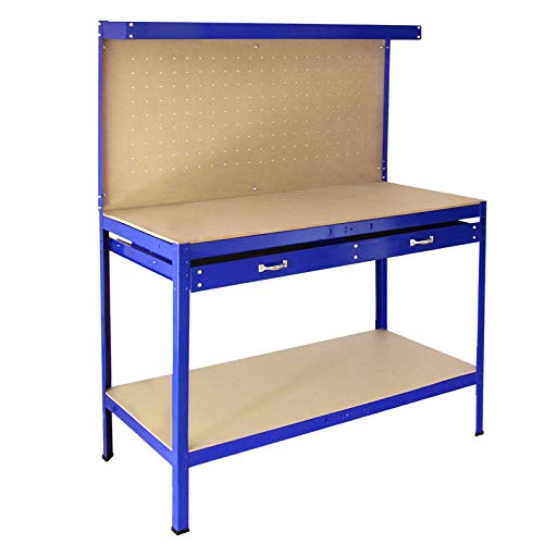 Banco de Trabajo Azul Metal 155x120x60cm+Tablero de Clavijas+Cajón Capacidad Peso 200kg Mesa de Trabajo Metálica Metálico Almacenamiento Herramientas Taller Garaje Bricolaje Mazo+40 Ganchos Gratis