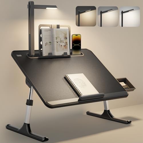 Bandeja de Ordenador portátil, SAIJI LED Mesa de luz, ángulo de Altura Ajustable, con Soporte para Libros, cajón, Tapa del Ordenador portátil, Soporte de la Tableta, para Sofá Suelo, Negro