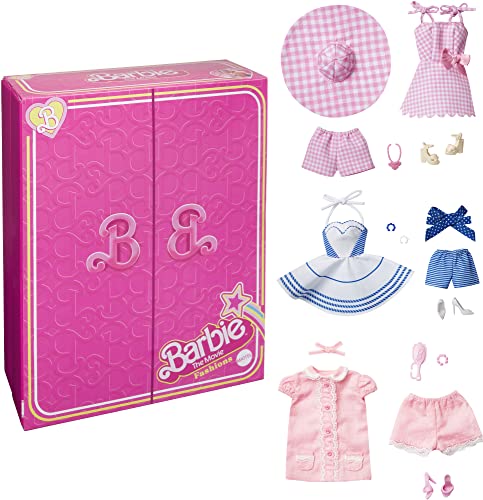 Barbie, Muñeca con tres conjuntos icónicos de la película de Barbie, incluye zapatos y accesorios, juguete +3 años (Mattel HPK01)