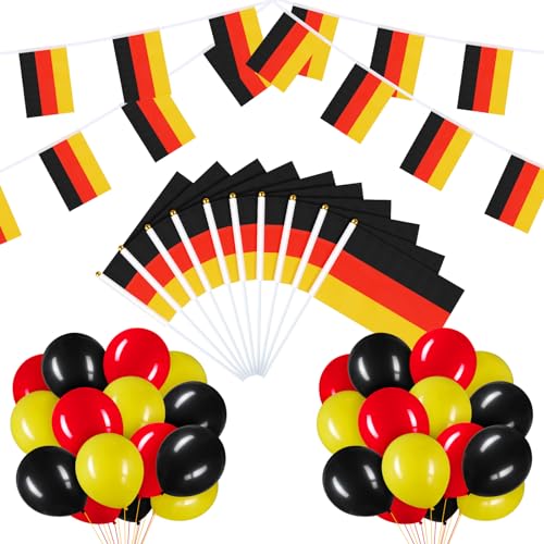 BBTO Set de Banderines de Bandera de Países de Italia Alemania Australia, Pancarta de Bandera de Eventos Patrióticos 10 Banderas Pequeñas de Mano 30 Globos de Fiesta para Día de Australia (Alemán)