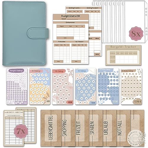 Beginner-Budget Set de iniciación para planificación presupuestaria, diseño alemán + desafíos de ahorro, sobre dinero, planificador presupuestario, organizador de gestión de dinero, color azul claro