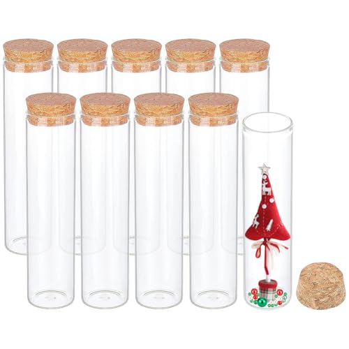 BENECREAT 10 tubos de ensayo de cristal de 60 ml con tapón de corcho, transparentes y planos, para laboratorio, regalo para invitados, dulces, especias, perlas