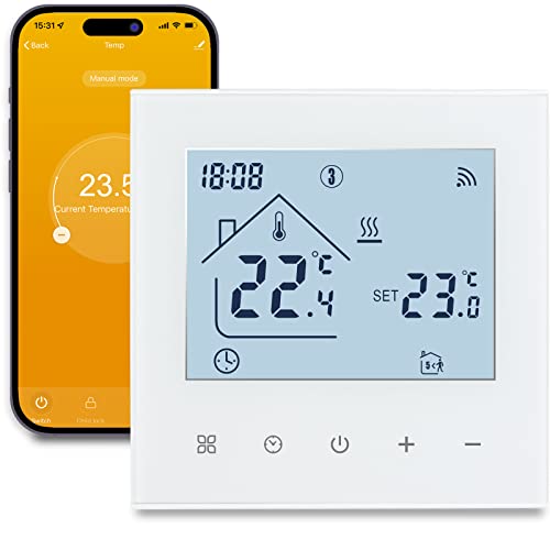 Beok Termostato WI-FI para Calefacción de Calderas Inteligente, Termostato de Ambiente de Programación, Controlador de Temperatura de Pared Compatible con Alexa Google Home TDR89W-WIFI-WPB Blanco