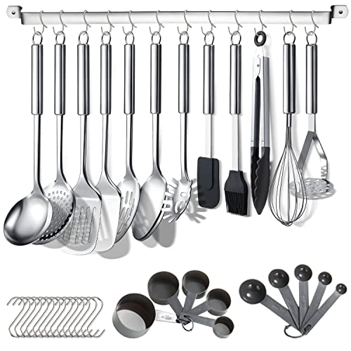 Berglander Juego de Utensilios de Cocina de 38 Piezas de Acero Inoxidable, Utensilios de Cocina con Soporte para Utensilios y Ganchos para Colgar Aptos para lavavajillas