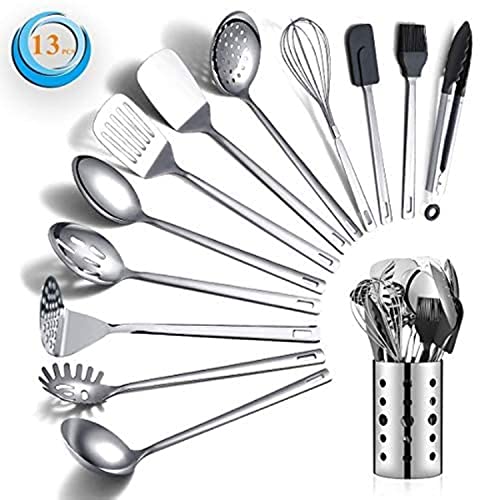 Berglander Juego de Utensilios de Cocina de Acero Inoxidable, 13 cucharas de Cocina con Soporte para Utensilios, Antiadherente y Resistente al Calor, Apto para lavavajillas (13 Paquetes)