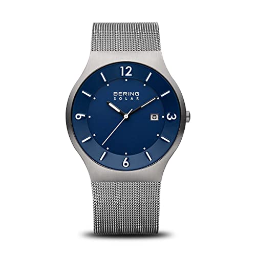 BERING Hombre Análoga Solar Reloj de pulsera de colección con Acero inoxidable Pulsera und Cristal de zafiro, Gris/Azul