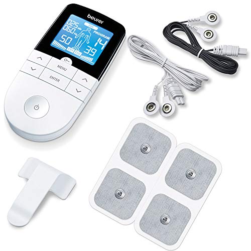 Beurer EM 49 TENS/EMS digital, dispositivo de corriente de estimulación 3 en 1 para el alivio del dolor y entrenamiento, función de masaje, incluye 4 electrodos, Color Blanco