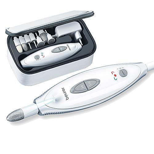 Beurer MP 41 Set de manicura y pedicura profesional, torno para uñas con 7 accesorios, luz LED, rotación derecha/izquierda, 2 velocidades, bolsa incluida, Color Blanco