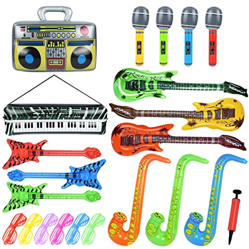 Bheddi Instrumentos Hinchable 22 Pcs, Inflable Guitarra Micrófono Saxofón Música Prop para Fiesta, Accesorios de Instrumentos Musicales Divertidos para Favores de Fiesta de Cumpleaños