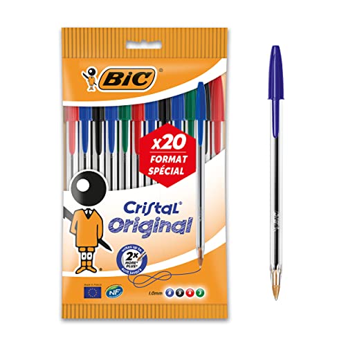 BIC Cristal Original Bolígrafos Punta Media (1,0 mm) – Colores Surtidos, Blíster de 20 Unidades, para escritura suave, certificados con etiqueta ecológica