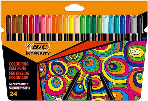 BIC Intensity, Rotuladores de Punta Fina (0.9 mm) para Colorear, No se secan, Colores Surtidos, Pack de 24 unidades