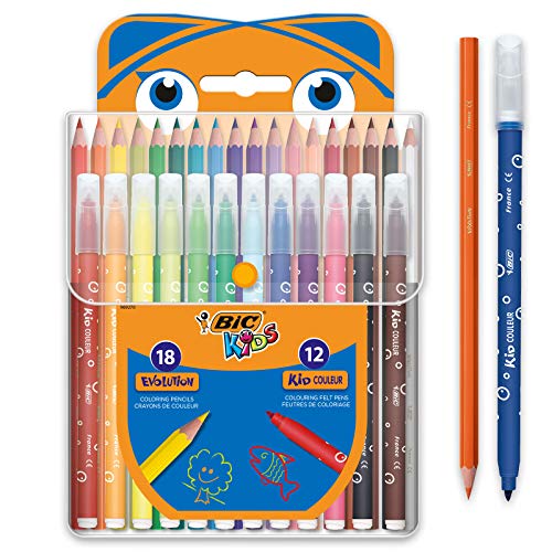 BIC Kids Kit para Colorear - 18 Lápices de colores, 12 rotuladores de colores, Estuche de Plástico de 30