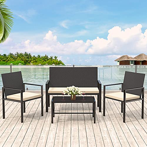 bigzzia Juego de Muebles de Jardín de Ratán, Muebles Jardin Exterior, 4 Piezas Conjunto Mesa y Sillas Jardin, Incluye 2 Sillones, 1 Sofá de Dos Lugares y 1 Mesa (Negro)