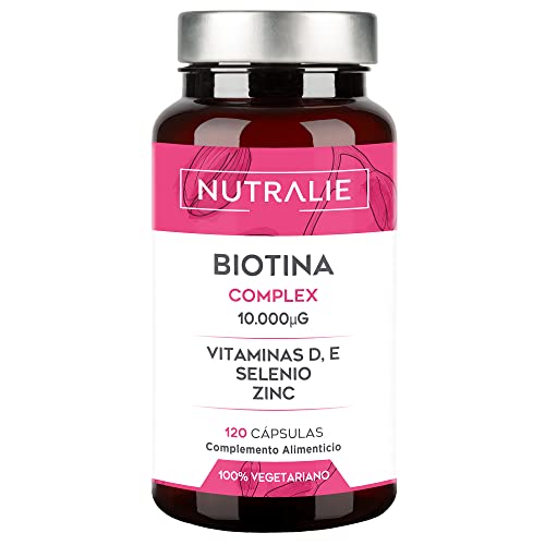 Biotina 10.000mcg Alta Dosis - Crecimiento del Cabello - Vitaminas para mantener Cabello, Piel y Uñas Sanas - Con Vitamina E, D, Zinc y Selenio, 120 Cáp. 100% Vegetarianas Nutralie