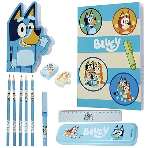 Bluey Set de Papelería para Niños - Cuaderno, Lápices de Colores, Estuche para Lápices, Bolígrafo, Regla y Borrador