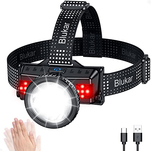 Blukar Linterna Frontal Recargable, Super Brillante Impermeable Linterna Cabeza LED con Sensor de Movimiento, 8 Modos de Luz con Luz Lateral Roja, Lámpara Cabeza para Correr, Pesca, Camping