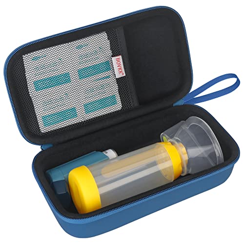 BOVKE Estuches duros para inhaladores de asma, espaciadores de inhaladores para niños y adultos, mascarillas, soportes para inhaladores de asma con bolsas de red, azules (solo para casos)