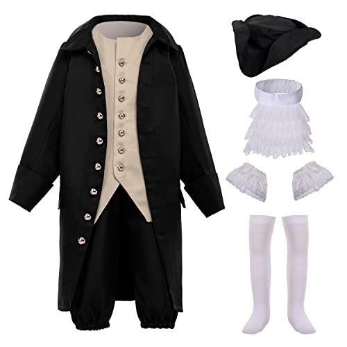 BPURB Disfraz Colonial Histórico Niño Siglo XVIII Colonial América Disfraz Niño Disfraces Coloniales Para Niños Carnaval Cosplay de Halloween, Set Negro, 10