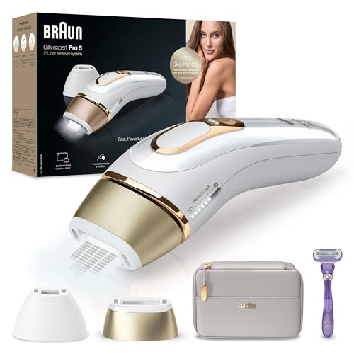 Braun Luz Pulsada Silk-expert Pro 5 PL5157 Depiladora IPL, Reducción Del Vello Visible En Casa, Con Funda, Cabezal De Precisión Y Maquinilla Venus, Alternativa A Depilación Láser, Blanca/Dorada