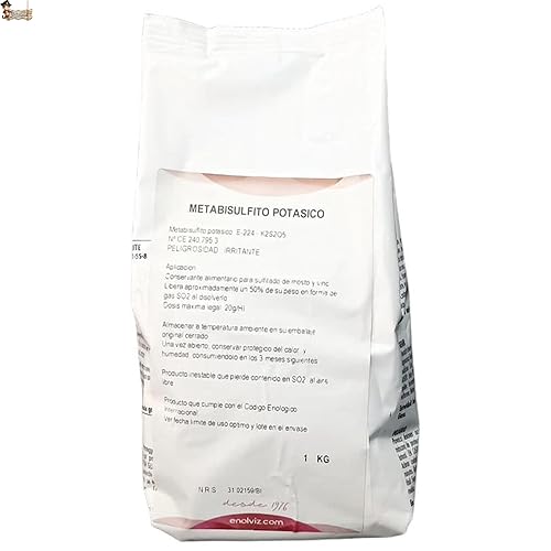 BricoLoco.com Metabisulfito de potasio. ¡¡¡ 1 KG.!!! Metabisulfito potásico E-224. Uso en fermento y elaboración Vino y Cerveza. Sulfuroso antioxidante Vino. (1)