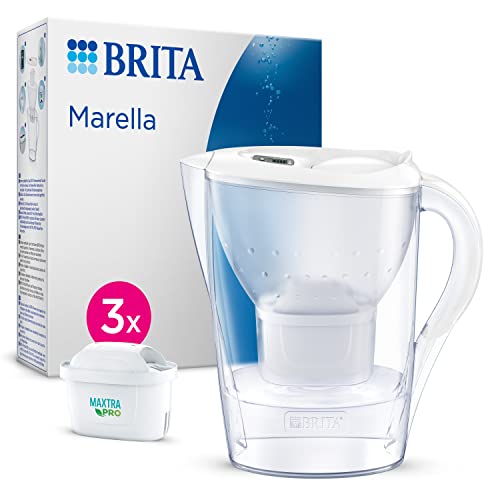 BRITA Jarra con filtro de agua Marella blanca (2,4 l) incl. 3x cartuchos MAXTRA PRO All-in-1: jarra apta para frigorífico con memo digital y tapa abatible que reduce el cloro, la cal y las impurezas
