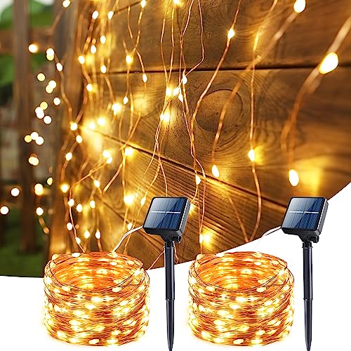 BrizLabs Navidad Luces Solares Exterior, 2x15M 150 LED Guirnaldas Luces Exterior Solar Alambre de Cobre Impermeables 8 Modos Cadena de Luces Solares para Jardín Terraza Balcón Fiesta, Blanco Cálido