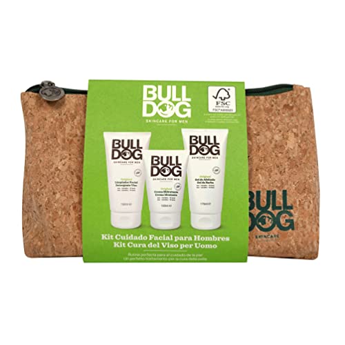 Bulldog Skincare - Neceser Cuidado Facial Hombre, Incluye: Limpiador Facial 150 ml + Gel de Afeitado 175 ml + Crema Hidratante 100 ml y Neceser de Corcho Sostenible | Set Regalo Hombre Cuidado Facial