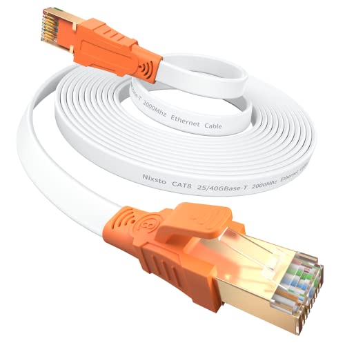 Cable Ethernet 10 Metros, CAT8 Cable de Red Alta Velocidad Banda 40 Gbps 2000 MHz, Plano Cable LAN con Conectores RJ45 Para Router, Módems, Consolas y TV Box, Más Rápido Que el Cable Cat5e/Cat6/Cat7
