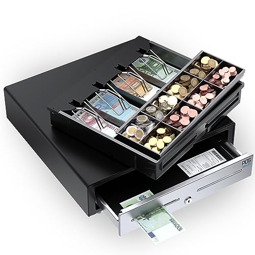 Cajón de hierro para impresora fiscal RT y caja registradora. Interior 4 billetes / 8 monedas (euros) – Negro/Inox, Automático, Estructura de Acero – 41 x 41 x 11 cm – POS VALLEY