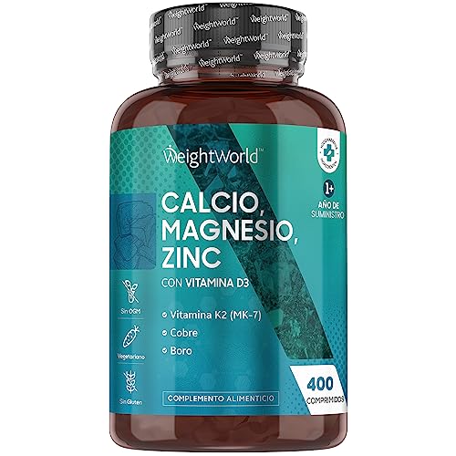 Calcio, Magnesio, Zinc y Vitamina D3, 400 Comprimidos Veganos (Más de 1 Año), Mantenimiento de Huesos, Sistema Inmunológico, Muscular Normal, Con Selenio, Vitamina K2, Manganeso, Boro y Cobre, Sin OGM