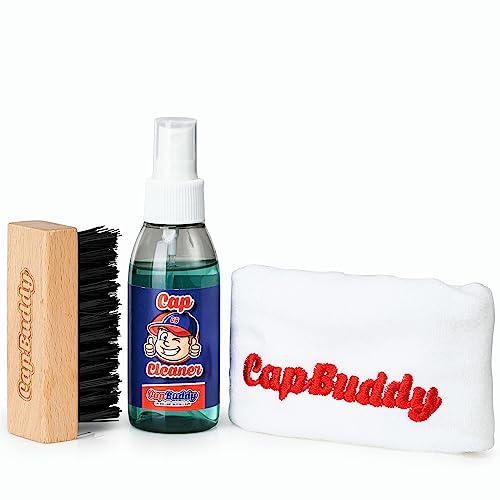 Cap Buddy Set de Limpieza de Gorras Limpiar Todas Tus Gorras de béisbol, independientemente de si Tienen la Visera Recta o Curva. Spray orgánico, Cepillo y paño