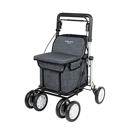 Carlett - Carro de la Compra y Andador con Asiento para Ancianos - Producto Médico Clase I Homologado, Carrito de 4 Ruedas Plegable, Bolsa Extraíble 36L/15kg – Modelo Assist, Color Gris