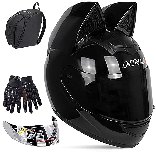 Casco De Moto con Orejas De Gato para Mujer Casco Integral con Certificación ECE Protección Facial Gafas Chapadas En Oro Forro Totalmente Desmontable Y Lavable Racing Kart Casco F,M/{54~56cm}