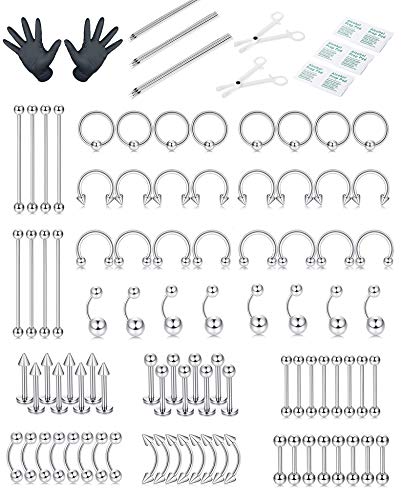 CASSIECA 88 PCS Kit Piercing Acero Quirurgico Piercing Nariz Ombligo Piercing Lengua Tragus Piercing Industrial Piercing Septum Aro Piercing de Joyería Corporal para Hombres/Mujeres 14G 16G 18G