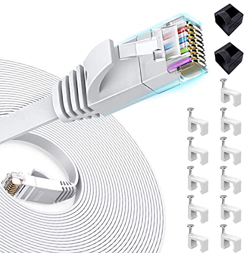 Cat6 Cable de red 15m Gigabit Ethernet FTP - Lan Gigabit Cable de parcheo RJ45 Cat6 Cable de conexión a red (1000 Mbit/s 1 Gigabit Twisted Pair FTP sin Halógeno 100% Cobre) - 15M Blanco Clips Gratis