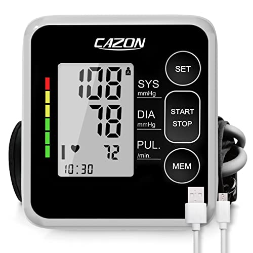 CAZON Tensiómetro de Brazo, Monitor de presión arterial para uso doméstico. Detector electrónico de frecuencia cardíaca con brazalete 22-40cm, 2X120 memoria (Negro)