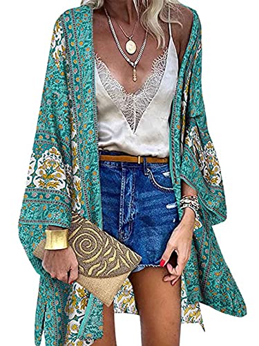 CheChury Mujer Cárdigan Kimono Vestido de Playa Floral Kaftan Bohemio Chal Suelto Kimono con Estampado Floral Pareos Playa Bohemia Tops Blusa Casual Boho Bikini Cover Up Caftan Playa Chal Verano Chic