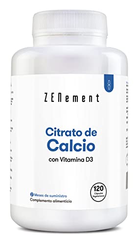 Citrato de Calcio con Vitamina D3, 120 Cápsulas | para prevenir los bajos niveles de Calcio en la sangre | Sin aditivos, Sin Alérgenos, No-GMO | de Zenement