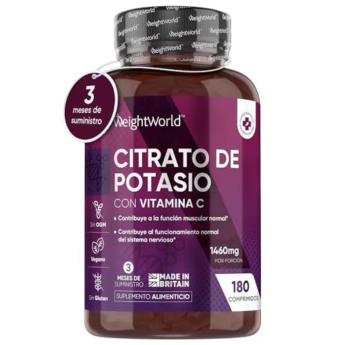 Citrato de Potasio 1460mg - 180 Comprimidos Veganos Enriquecidos con Vitamina C | Suplemento Deportivo Natural de Alta Potencia, Contribuye a los Músculos y Sistema Nervioso