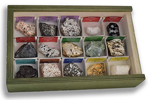 Colección de 15 Rocas Ígneas, Metamórficas y Sedimentarias en Caja de Madera Natural - Rocas Reales educativas con Etiqueta informativa a Color. Kit de Ciencia de Geología para niños