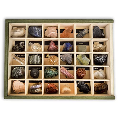 Colección de 30 Minerales del Mundo 2 en Caja de Madera Natural Premium - Minerales Reales educativos de Gran tamaño con Hoja de descripción. Kit Geología para niños
