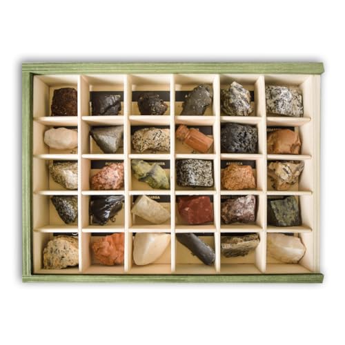 Colección de 30 Rocas didácticas Premium en Caja de Madera Natural - Rocas Reales educativas de Gran tamaño con Hoja de descripción. Kit Geología para niños