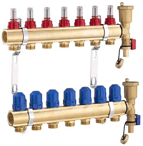 Colector de latón para sistema de calefacción por suelo radiante con 7 salidas y retornos, con medidores de flujo NOYON & THIEBAULT