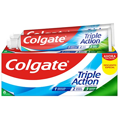 Colgate Triple Acción Pasta de Dientes, Pack 2 Uds x 75ml , Dentífrico con Flúor, Pasta de Dientes Anticaries, Ayuda a Mantener los Dientes Blancos, Refresca el Aliento , para Toda la Familia