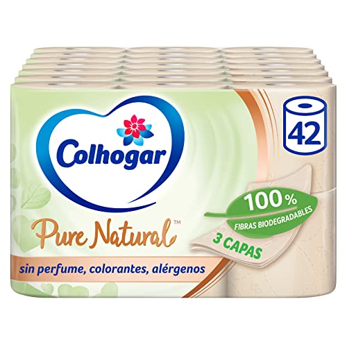 Colhogar Pure Natural 7 x 6, Papel Higiénico Biodegradable Suave y Resistente, Papel de baño de 3 Capas, Dermatológicamente Testado, 42 Rollos, Color Natural