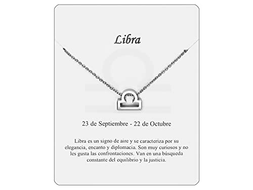 Collar Signo Zodiaco Acero Inoxidable hermosa Tarjeta Significado Signo Zodiacal Colgante Horóscopo Para mujer o Hombre Regalo Cumpleaños (Libra Plateado)